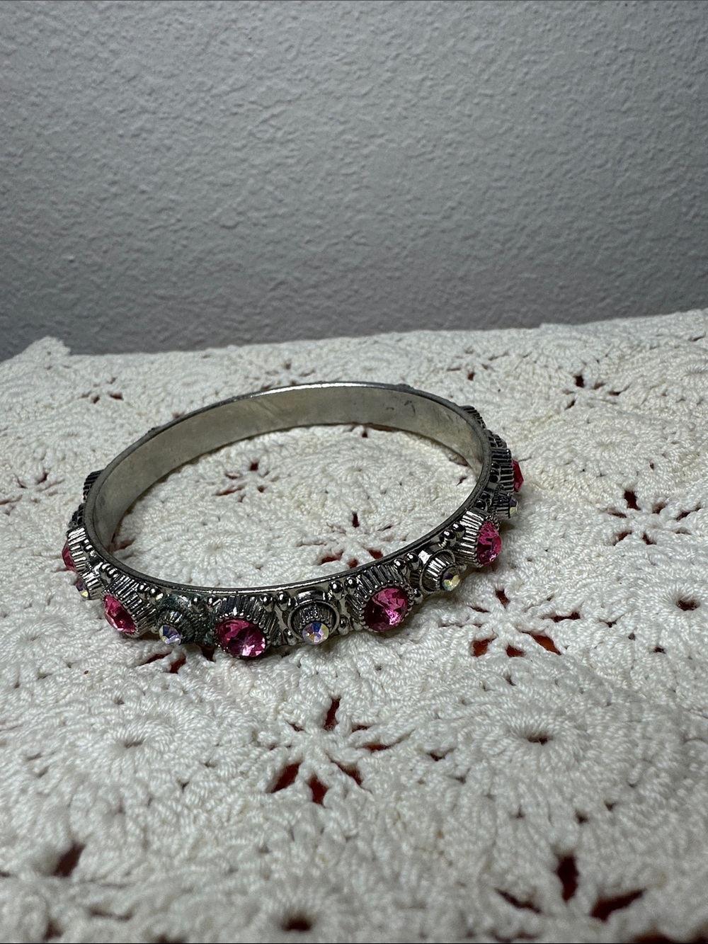 Silver-Tone Pink Crystal Bangle Bracelet